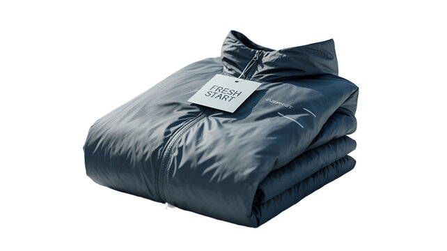 Folded blue jacket with a product tag on a display.