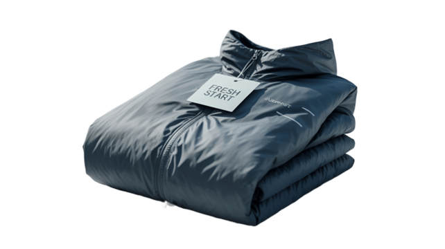 Folded blue jacket with a product tag on a display.