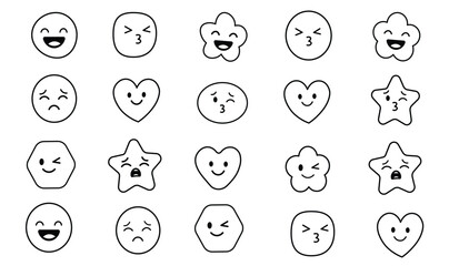 Cute Emoji Faces Set &ndash;  Smile, Sad, Kiss, Wink, Star & Heart Character Icons Vector