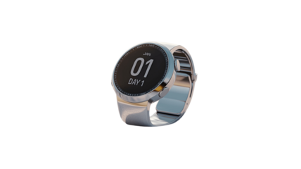A smartwatch with a digital display showing day one.