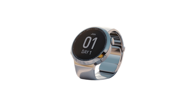 A smartwatch with a digital display showing day one.