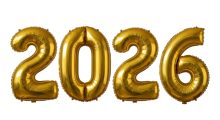Golden 2026 number balloons floating against a White background, Transparent, PNG for new year celebrations