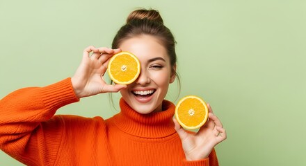 Young Smiling Woman Holds Bright Orange Slices Covering Eye