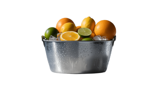 A collection of citrus fruits chilling in an ice-filled bucket.