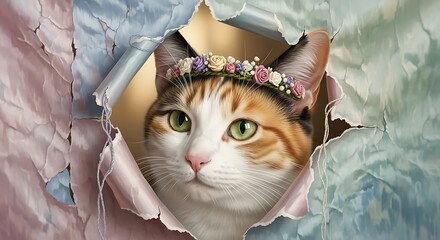Charming calico cat wearing elegant floral crown peeking