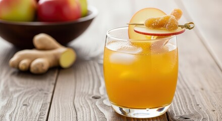 A refreshing orange drink with ice, garnished with apple and candied ginger, served on a wooden table with fresh apples and ginger root in the background.