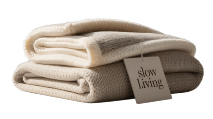 Cozy folded blankets and a simple slow living tag.