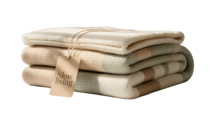 A stack of neatly folded blankets with a tag, representing the concept of slow living.