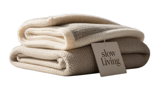 Cozy folded blankets and a simple slow living tag.