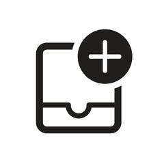 Black icon of a drawer with a plus sign indicating addition or new content vector icon