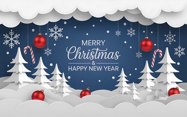 Whimsical winter wonderland scene with merry christmas and happy new year greetings