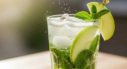 A refreshing green apple and mint mojito-style drink with ice and sparkling water, garnished with apple slices in bright sunlight.