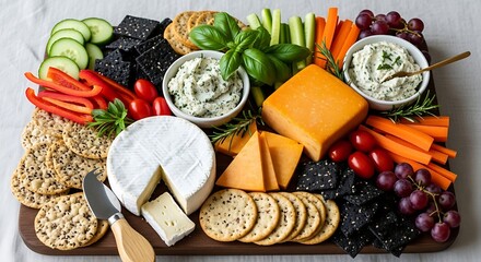 Gourmet Charcuterie Board Featuring an Assortment of Cheeses Vegetables and Crackers Perfect for Entertaining Guests and Special Occasions