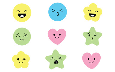 Face smile emoji doodle icon sticker set. Cute kid doodle hand drawn style funny face emoji smile, happy, sad sticker. Funny cartoon emoticon heart, star. Vector illustration 