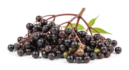 A close-up shot of a cluster of ripe, dark elderberries on their stems with a few green leaves, isolated on a white background.