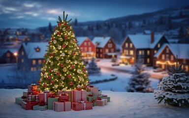 Festively illuminated christmas tree adorned with gifts in a snowy village at dusk