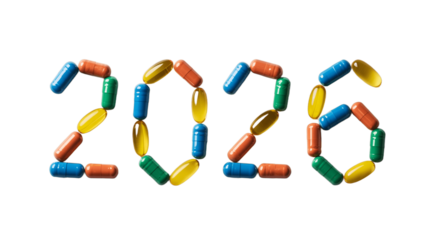 Colorful pills arranged to form the year 2026, symbolizing health and future advancements.