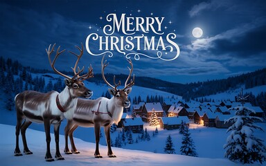 Majestic reindeer stand in a snowy winter wonderland under a full moon with merry christmas greetings