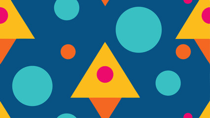 Seamless Geometric Pattern of Triangles and Circles in Teal Orange Yellow and Pink abstract background