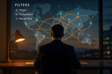 Man at Desk Viewing World Map Network with Filters