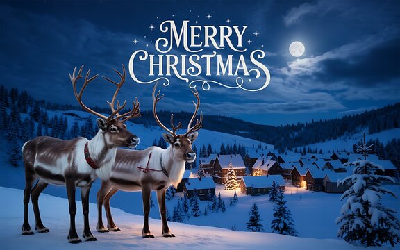 Majestic reindeer stand in a snowy winter wonderland under a full moon with merry christmas greetings