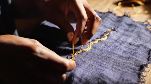 A person's hands delicately mending a piece of torn, worn fabric using gold thread (Kintsugi style).