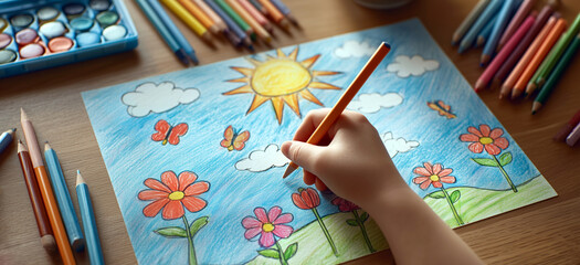 A child draws a landscape with colored pencils on paper. Children's art.