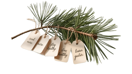 A sprig of pine holding tags with text written on them. 
