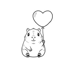 Adorable cartoon capybara illustration sitting and holding a heart-shaped balloon. Black and white line art vector graphic, ideal for Valentine's Day, love, or celebrations