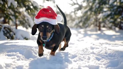 Festive Dachshunds frolicking in snow, Christmas spirit with adorable dogs, holiday season fun