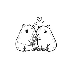 Two adorable cartoon capybaras sitting together, one offering a flower, with floating hearts. Black and white line art vector, ideal for Valentine's Day, love, friendship, or romantic greetings