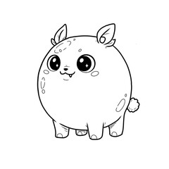 Chubby and round cartoon fantasy creature with large eyes, small fangs, and decorative spots. Black and white line art illustration, perfect for unique stickers, alien, or imaginative monster designs