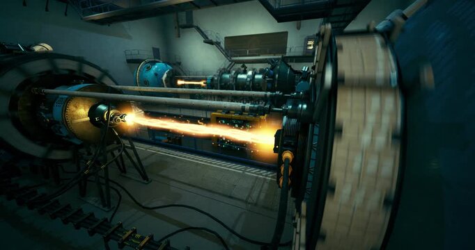 Powerful machines emit streams of light and energy within a modern science lab. Engineers oversee the intricate process, showcasing advanced technology in an innovative environment.