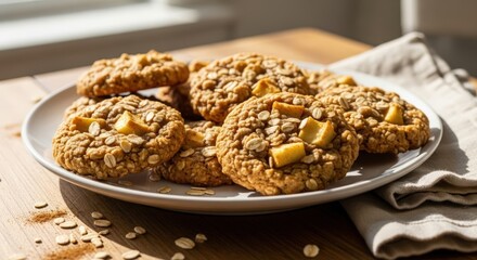 A plate of freshly baked oatmeal cookies with white chocolate chips on a rustic wooden table in warm light.