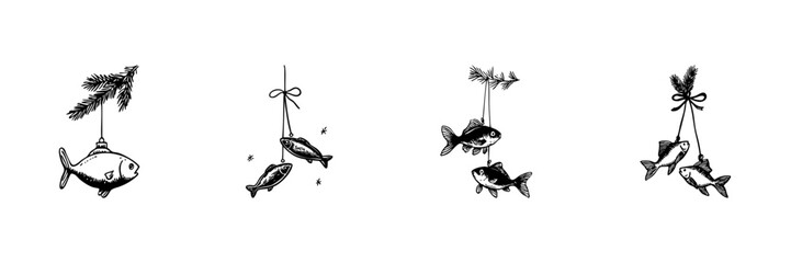 Fish Ornaments Hanging From Pine Branches Doodle Sketch Set. Festive Holiday Decorations With Fish Motifs In Hand Drawn Style Collection. Unique Christmas Tree Adornments. Isolated Vector Illustration