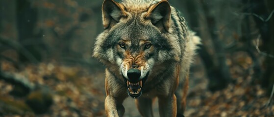 Wolf walking alone in a forest path hunter fierce wild jungle danger powerful.