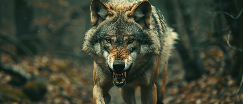 Wolf walking alone in a forest path hunter fierce wild jungle danger powerful. - Powered by Adobe