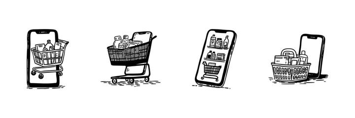 Smartphone Shopping Cart Doodle Sketch Set. E-Commerce, Online Retail, And Digital Marketplace In Hand Drawn Style Collection. Mobile Shopping Experience. Hand Drawn Isolated Vector Illustration