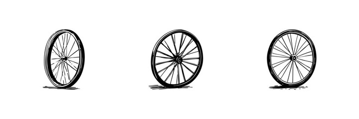 Bicycle Wheel Doodle Sketch Set. Cycling, Transportation, And Mobility Concepts In Hand Drawn Style Collection. Vintage Bicycle Parts. Isolated Vector Illustration