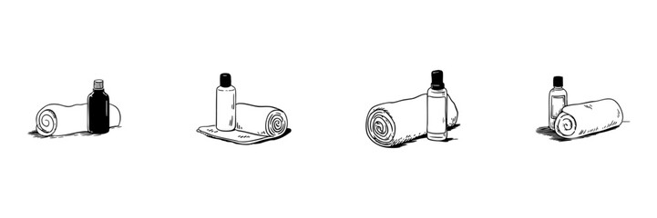 Rolled Towels And Bottles Doodle Sketch Set. Spa And Relaxation Essentials In Hand Drawn Style Collection. Wellness And Self-Care Items. Hand Drawn Isolated Vector Illustration