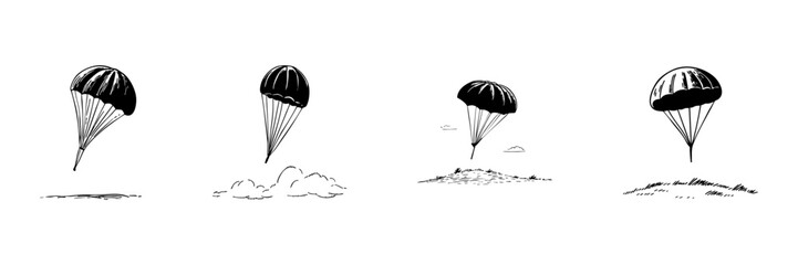 Parachute Landing Sequence Doodle Sketch Set. Airborne Descent And Safe Landing Process In Hand Drawn Style Collection. Parachuting And Skydiving Illustration. Isolated Vector Illustration