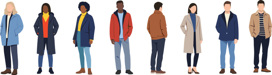 Group of people in winter clothing, coats, jackets, seasonal fashion, autumn style, cold weather attire, diverse outfits, trendy lifestyle illustration