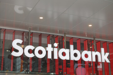 Fototapeta premium close-up of Scotiabank branch sign at 1 Bloor St E, Floor 1 of One Bloor, Toronto
