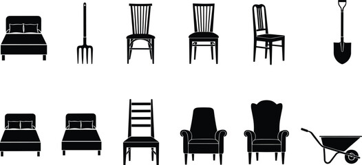 Household furniture silhouettes, garden tools vector set, bed chair shovel wheelbarrow pitchfork icons, interior design illustration, stock image collection © Hanif World