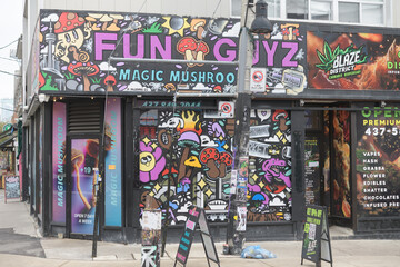 Fototapeta premium exterior building facade and painted sign of FUNGUYZ - Magic Mushrooms Dispensary, a herbal medicine store, located at 181 Baldwin St, Kensington Market, Toronto