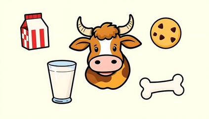Naklejka premium Cartoon illustration of a cow with milk, cookie, and bone isolated on white background milk