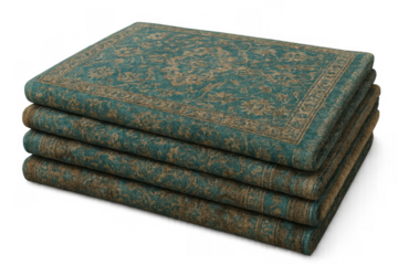 Stacked traditional ornamental rugs, turquoise and beige ethnic fabric with a subtle pattern, creating an appealing decorative element
