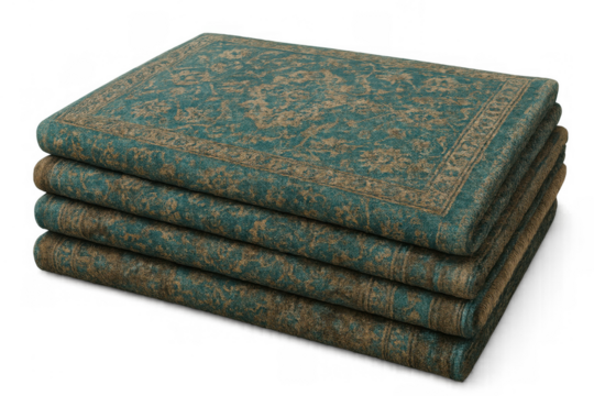 Stacked traditional ornamental rugs, turquoise and beige ethnic fabric with a subtle pattern, creating an appealing decorative element
