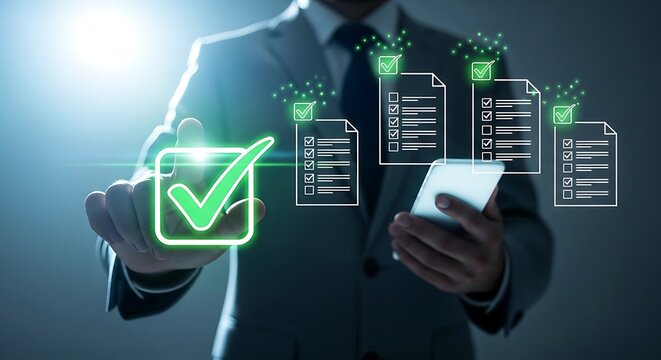 Businessman using a smartphone and interacting with a glowing checkmark icon, symbolizing successful task completion, approval, and digital verification processes