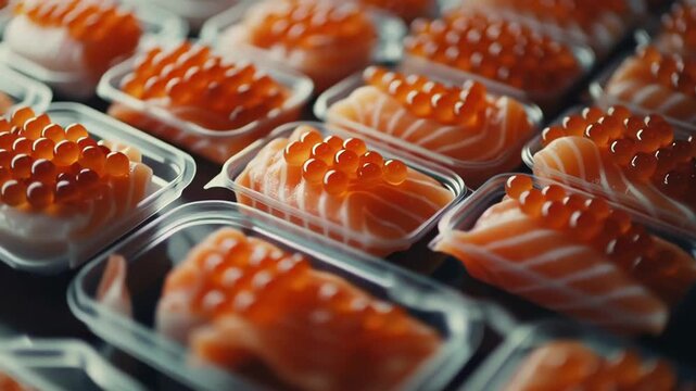 Fresh salmon and salmon roe in plastic containers, ready for sale